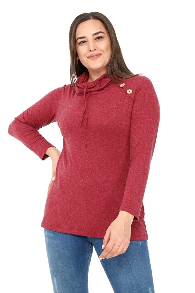 Plus Size Drawstring Degaje Collar Wool Viscose Burgundy Blouse with Button Detail on the Shoulder - 1