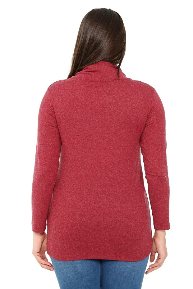 Plus Size Drawstring Degaje Collar Wool Viscose Burgundy Blouse with Button Detail on the Shoulder - 3