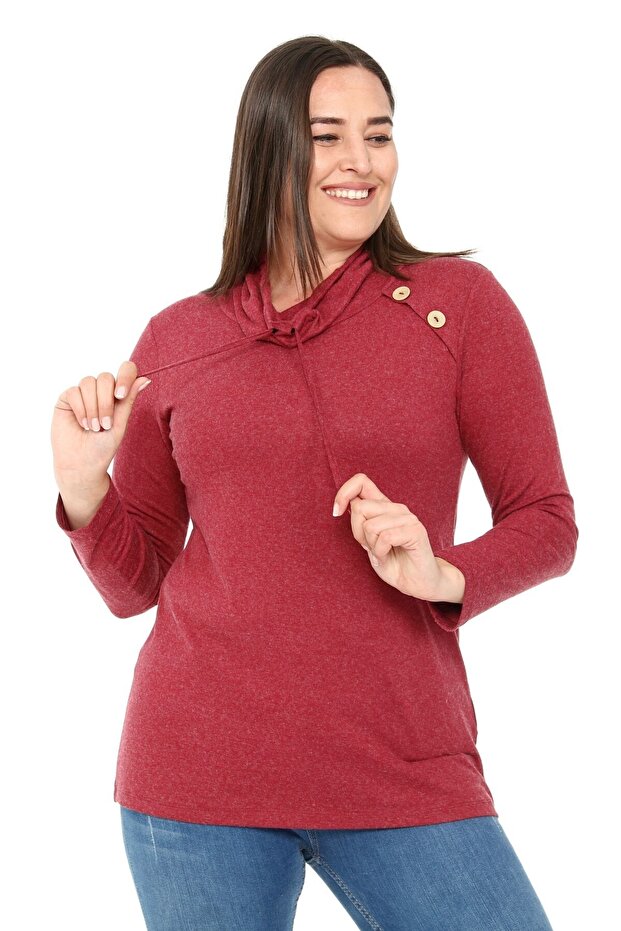 Plus Size Drawstring Degaje Collar Wool Viscose Burgundy Blouse with Button Detail on the Shoulder - 4