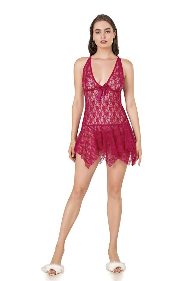 Fuşya Dantelli Gecelik Takım - 3