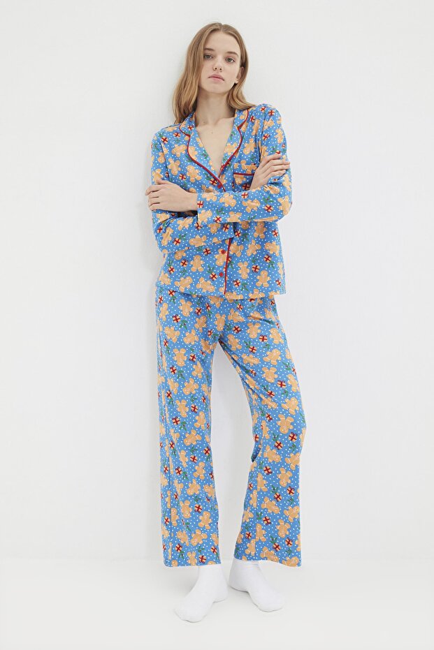 Mavi %100 Pamuklu Yılbaşı Temalı Örme Pijama Takımı THMAW22PT1204 - 1