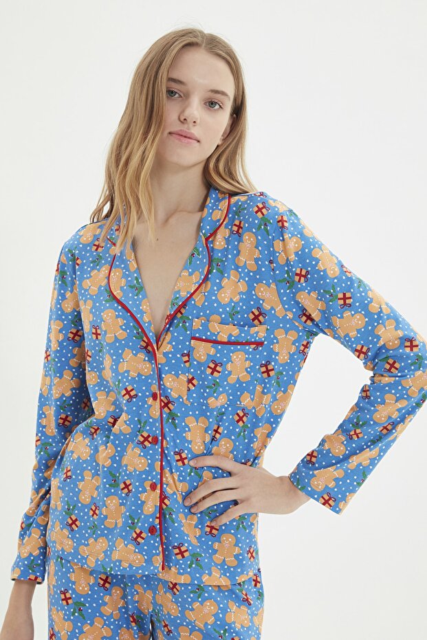 Mavi %100 Pamuklu Yılbaşı Temalı Örme Pijama Takımı THMAW22PT1204 - 2