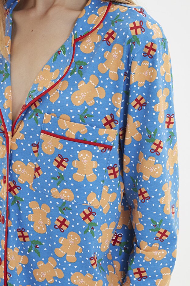 Mavi %100 Pamuklu Yılbaşı Temalı Örme Pijama Takımı THMAW22PT1204 - 4