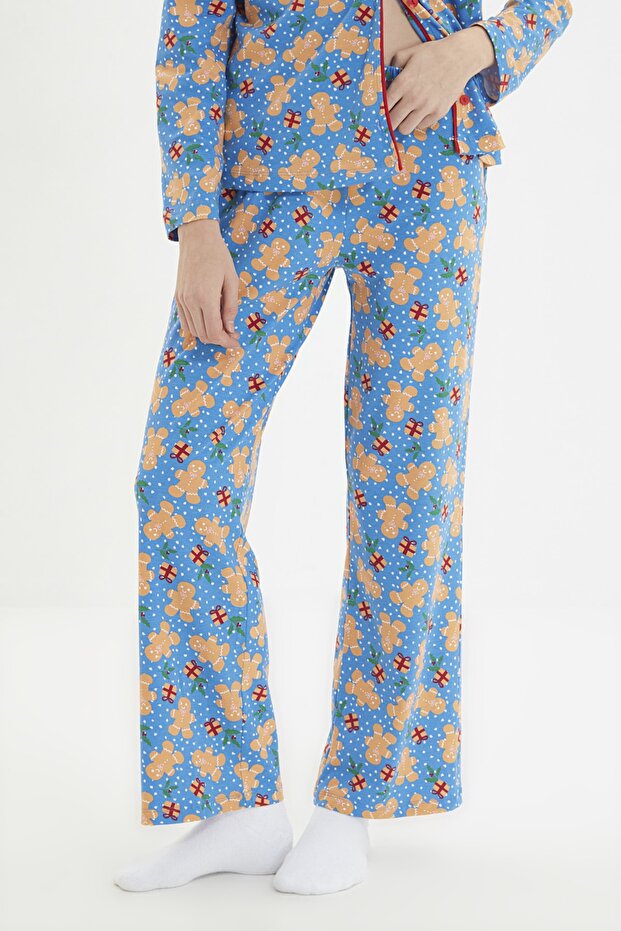 Mavi %100 Pamuklu Yılbaşı Temalı Örme Pijama Takımı THMAW22PT1204 - 5
