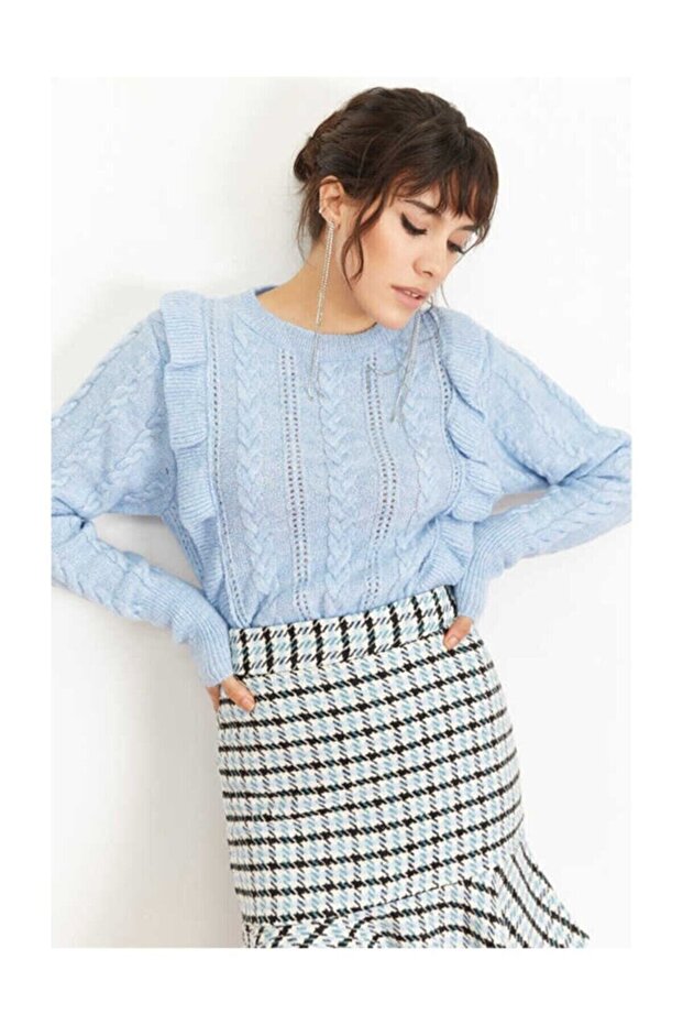 Damen Pullover mit durchbrochenem Rüschenmuster in blau - 2