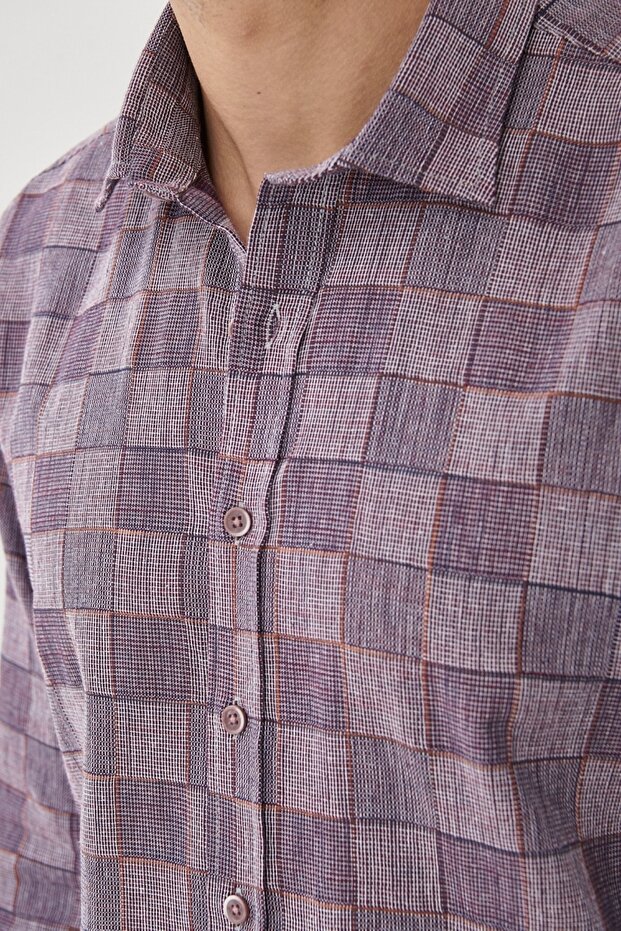Erkek Beyaz-bordo Slim Fit Kareli Gömlek - 3