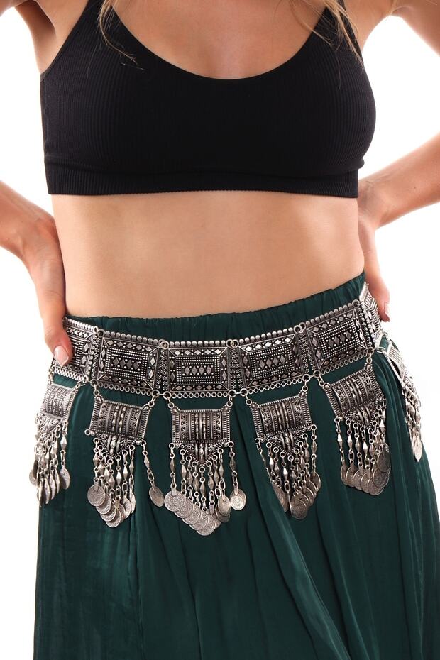Women's Antique Silver Plated Fringed Design Ethnic Belt