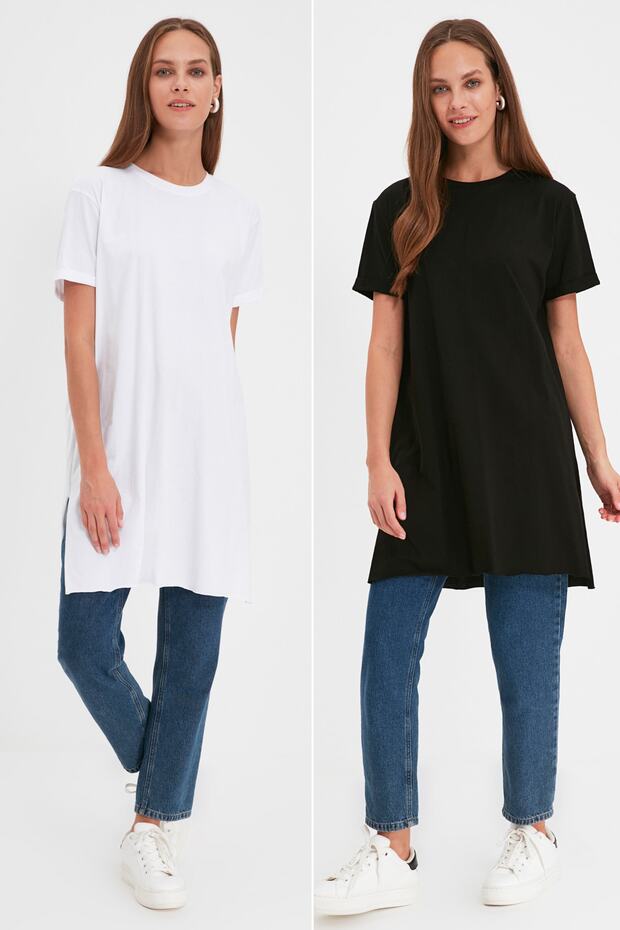 Siyah-Beyaz 2'li Paket Yırtmaç Detaylı Bisiklet Yaka Kısa Kollu Basic Örme T-Shirt TCTSS21UK0009 - 1