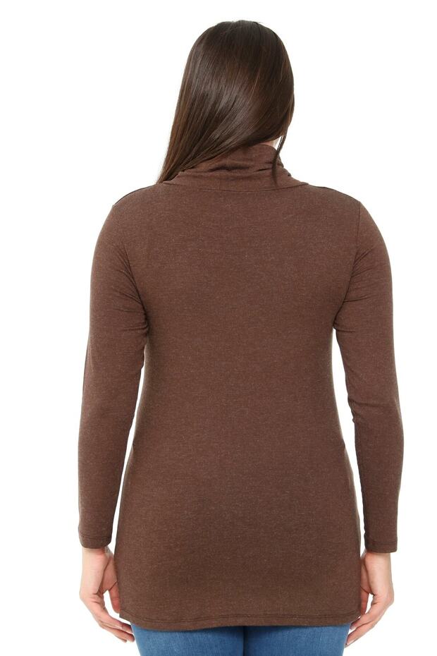 Plus Size Drawstring Degaje Collar Wool Viscose Brown Blouse with Button Detail on the Shoulder - 3