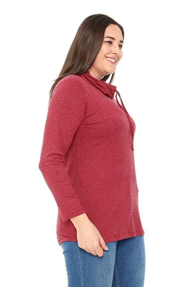 Plus Size Drawstring Degaje Collar Wool Viscose Burgundy Blouse with Button Detail on the Shoulder - 2