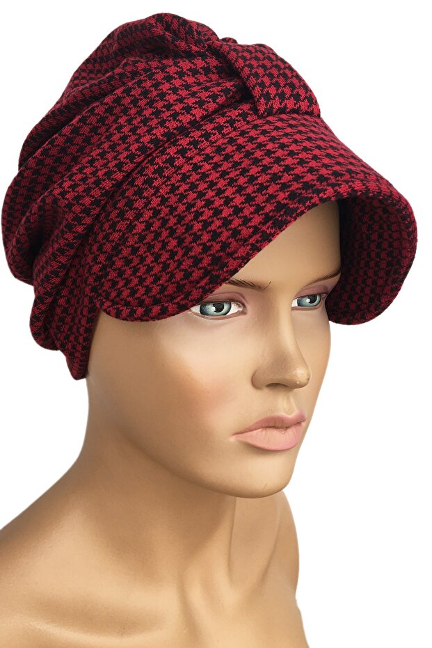 Bonnet Ready Turban Hat Alya Bonnet Black Red Goose Feet Patterned Knitwear Winter Women's Hijab Bonnet