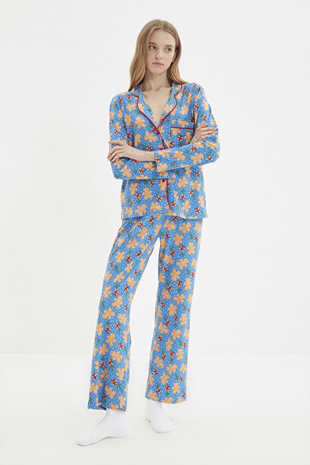 Mavi %100 Pamuklu Yılbaşı Temalı Örme Pijama Takımı THMAW22PT1204 - 3