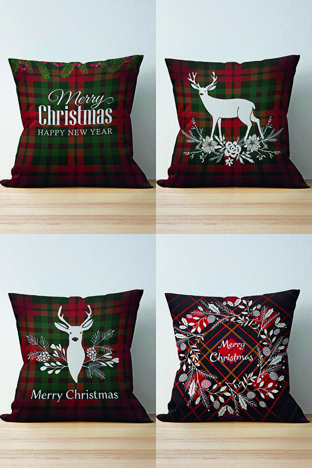 Set of 4 Double Sided Plaid Background New Year Patterned Suede Pillow Throw Pillow Covers