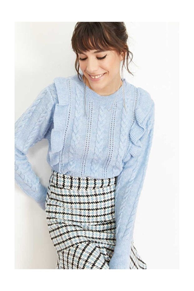 Damen Pullover mit durchbrochenem Rüschenmuster in blau - 1