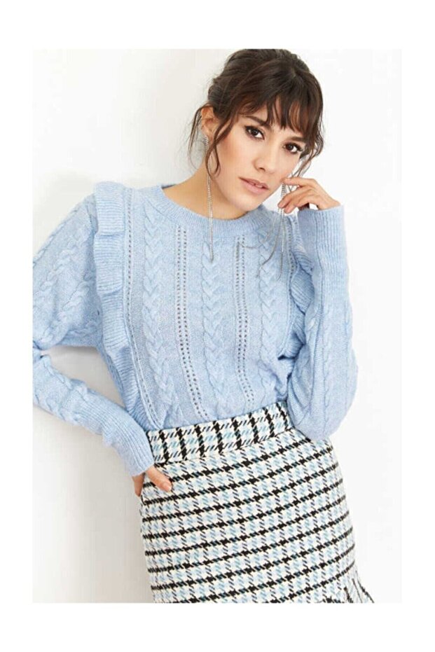 Damen Pullover mit durchbrochenem Rüschenmuster in blau - 3