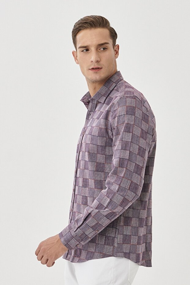 Erkek Beyaz-bordo Slim Fit Kareli Gömlek - 4