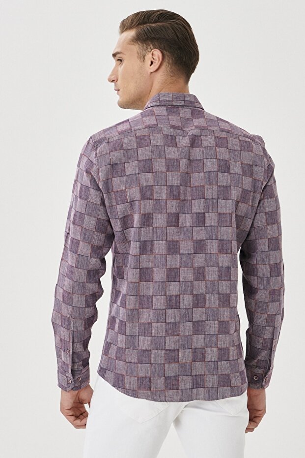 Erkek Beyaz-bordo Slim Fit Kareli Gömlek - 5
