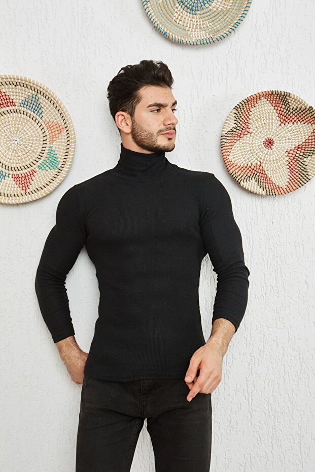 Men's Black Lycra Turtleneck Sweater
