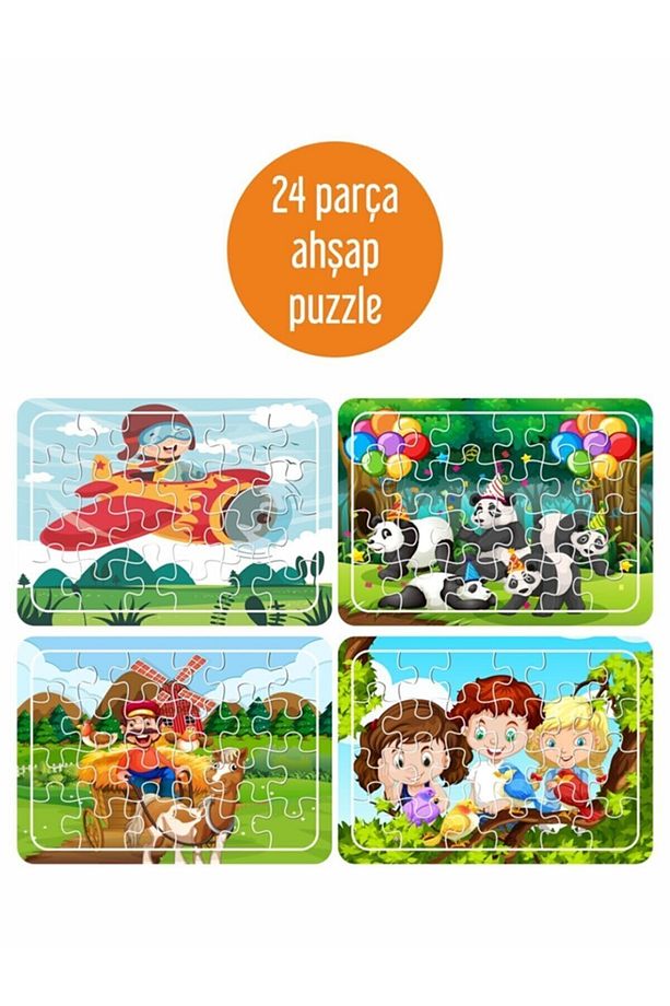 Uçak Ve Çocuk, Sevimli Pandalar, Çifti Ve At Arabası, Kuşlar Ve Çocuklar Ahşap 4'lü Puzzle Seti - 1