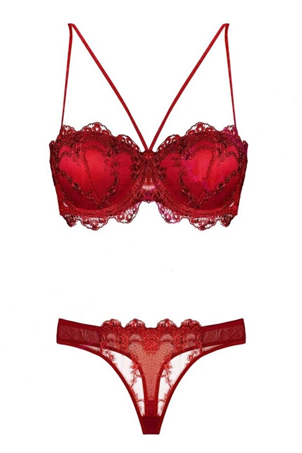 Women's Red Lace Padded Bra Panty Set