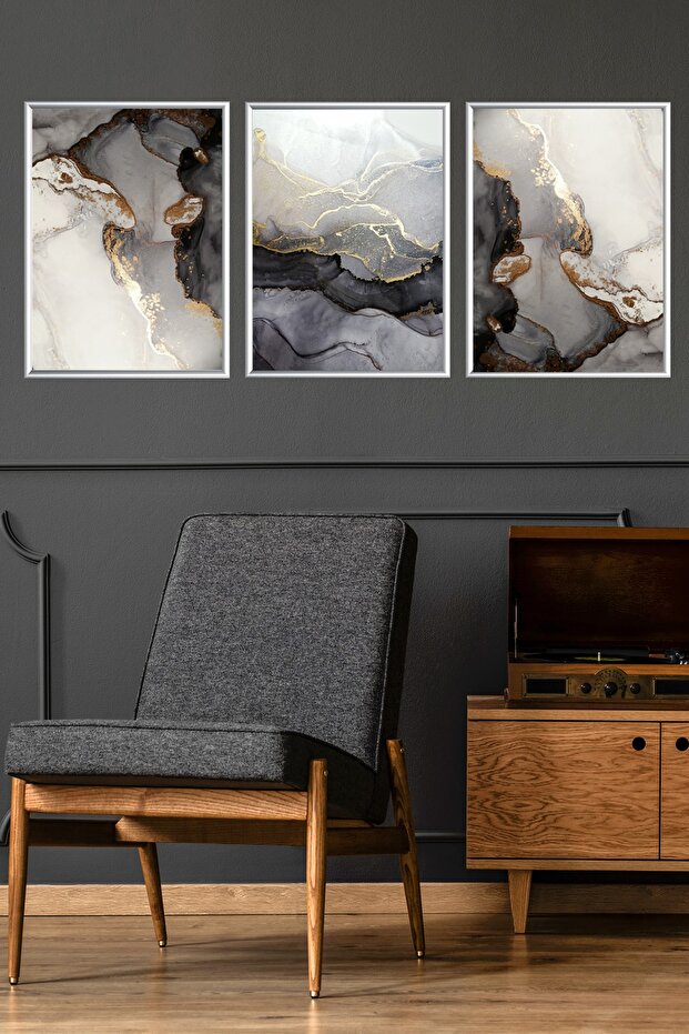 Triple Marble Patterned Silver Colored Metal Framed Poster Set - 1