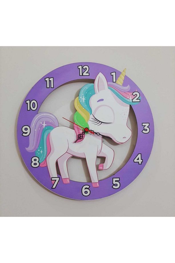 40x40 Cm Unicorn Çocuk Duvar Saati Renkli Eğlenceli Lazer Kesim Uv Baskılı - 1