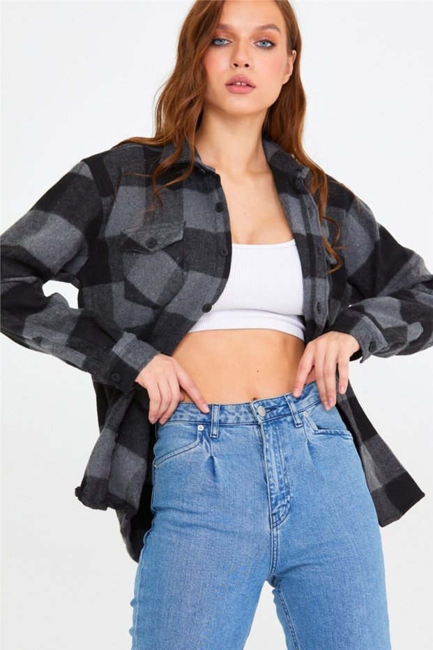 Women's Smoked-black Slim Fit Pocketed Plaid Lumberjack Shirt-kkkodg001r03s