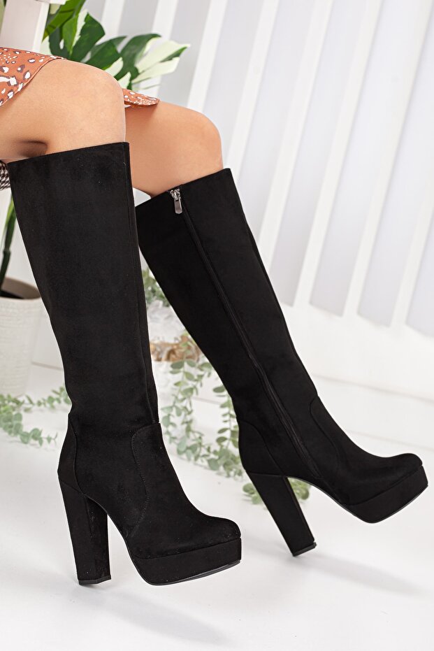 Women's Platform Above Knee Boots Black Suede