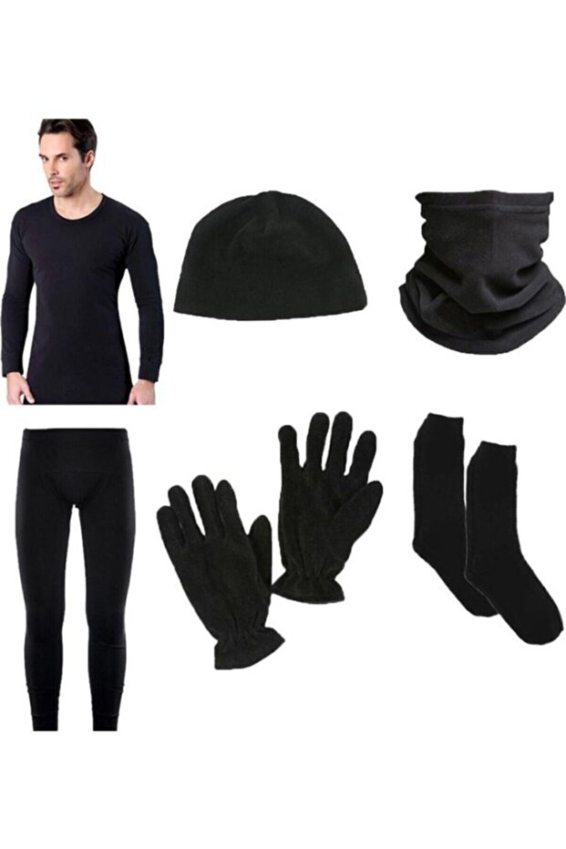 Men's Black Thermal Underwear Set Fleece Beanie Neck Collar Gloves Towel Socks Set I