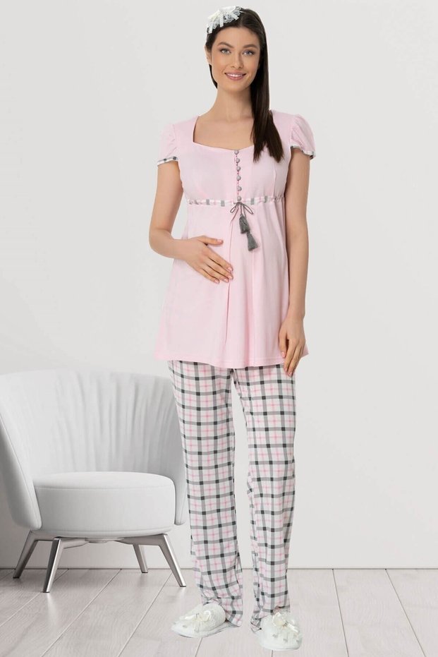 Mecit Women's Pink Plaid Sports Maternity Pajamas Set 5404