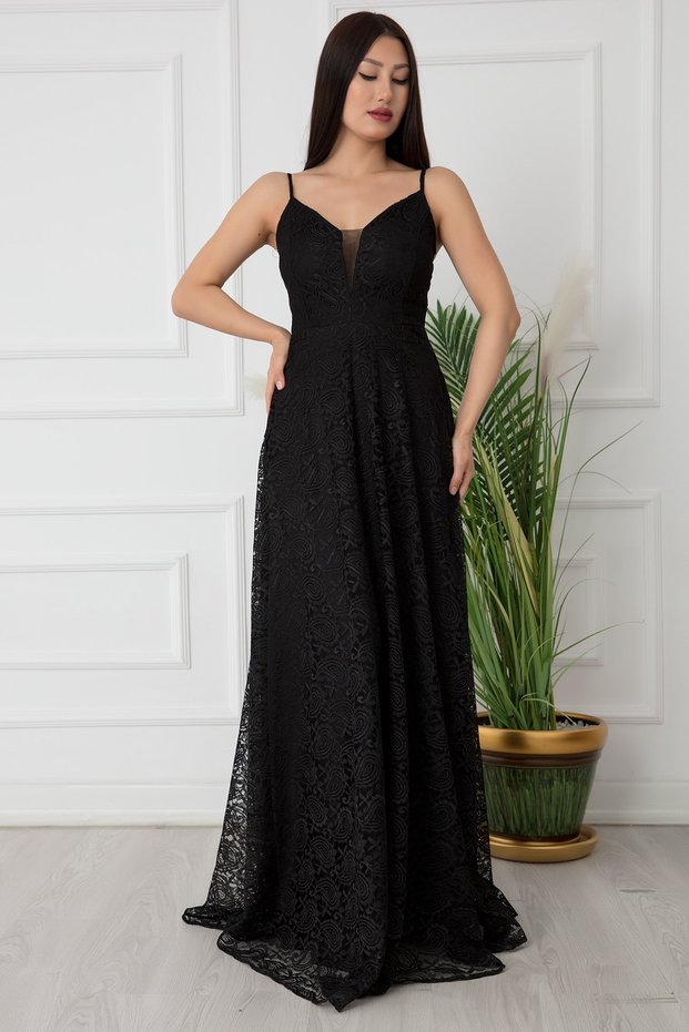 Lined Lace Fabric Thin Straps Black Long Evening Dress 13337