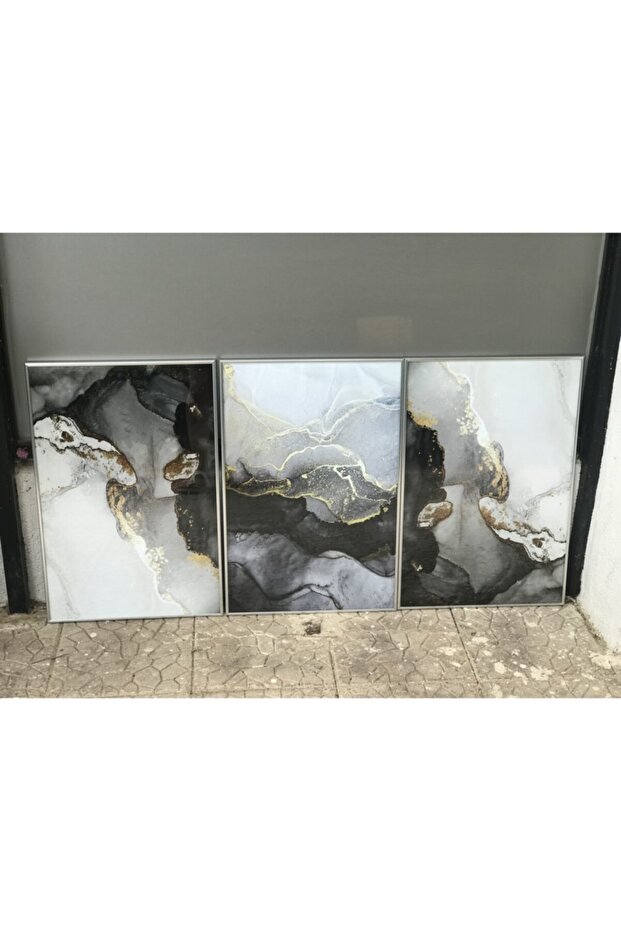 Triple Marble Patterned Silver Colored Metal Framed Poster Set - 4