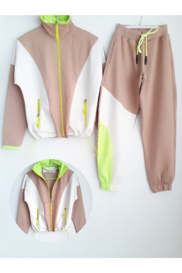 Beige White Color Blocked Zippered Pocket Jogger Style Girl's Seasonal Bottom and Top Set