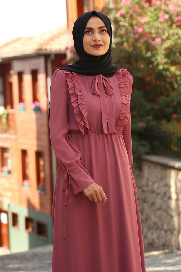 Fırfırlı Şifon Tesettür Elbise - Gül Kurusu - 2
