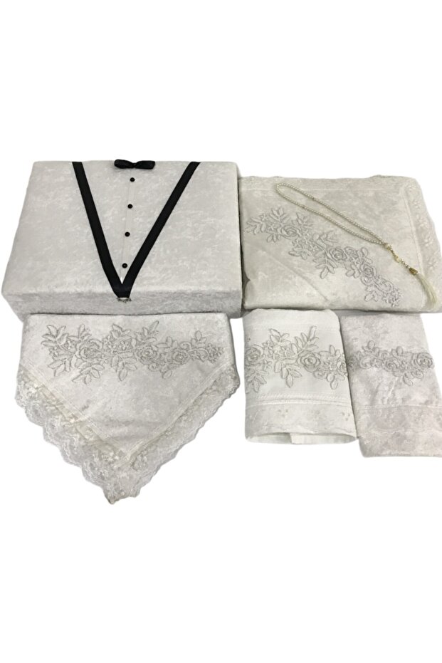 Velvet Prayer Rug Set with Storage Cream Groom Figure Bundle Set Towels Dowry Set 6 Pieces