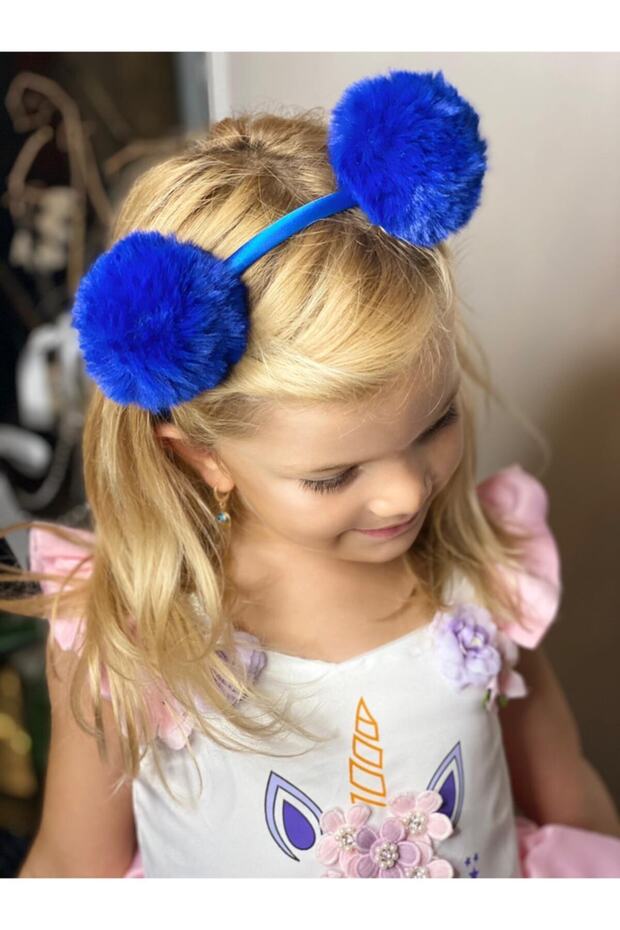 Cobalt Blue Big Furry Plush Pompom Satin Crown Children's Crown Pom Pom