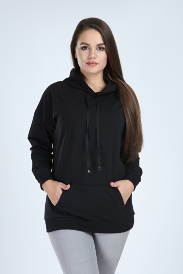 Kadın Siyah Kapüşonlu Sweatshirt - 1