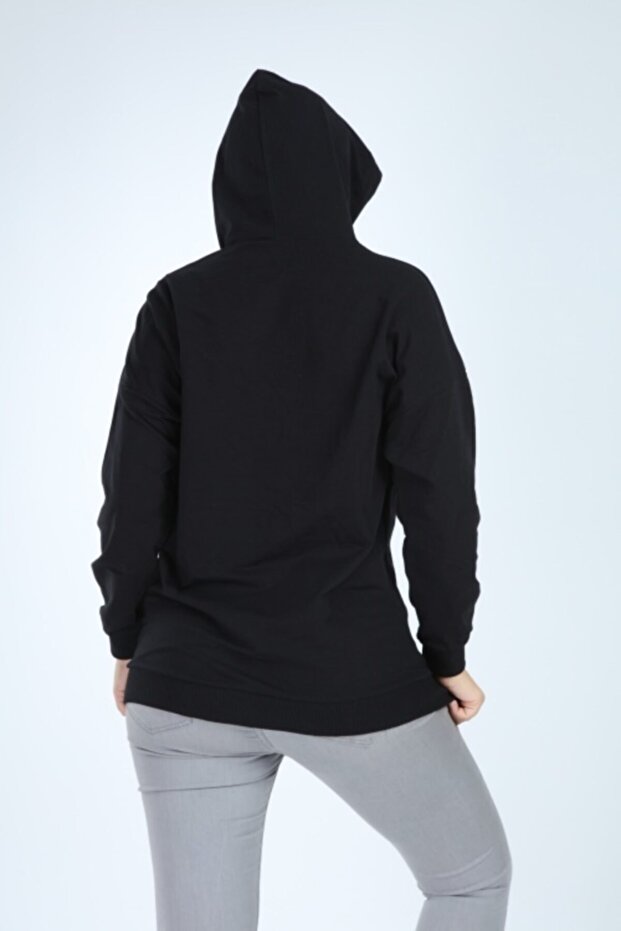 Kadın Siyah Kapüşonlu Sweatshirt - 4