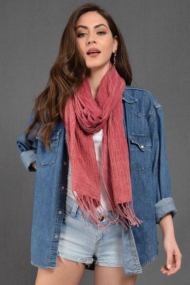 Fuşya Denim-Taşlama Fular - 2