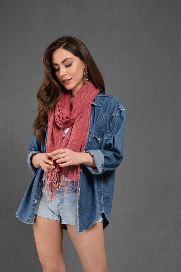 Fuşya Denim-Taşlama Fular - 5