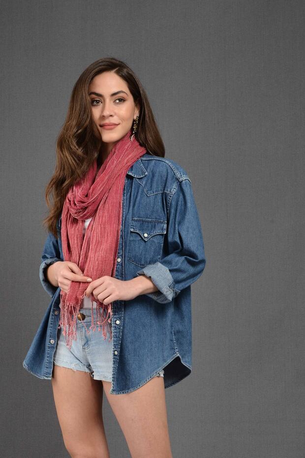 Fuşya Denim-Taşlama Fular - 7