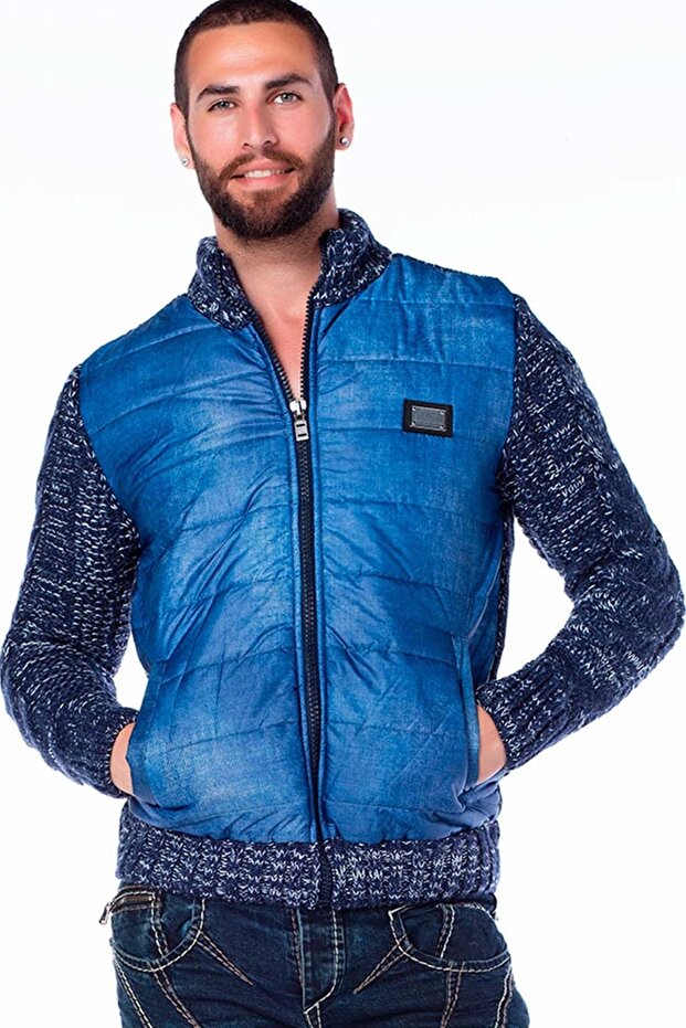 Men's Blue Stand Collar Winter Knitwear Cardigan