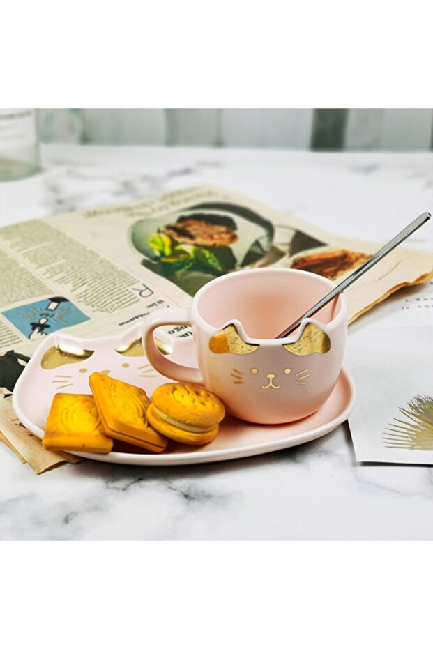 Sunum Tabaklı Kedili Kupa Bardak / Pembe - 3