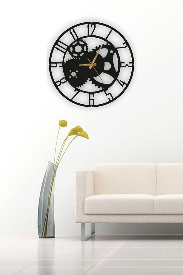 Siyah Ahşap Çarklı Duvar Saati - Salon Oturma / Yatak Odası Ofis Antre Için 50 Cm Saat Duvar Dekoru - 1
