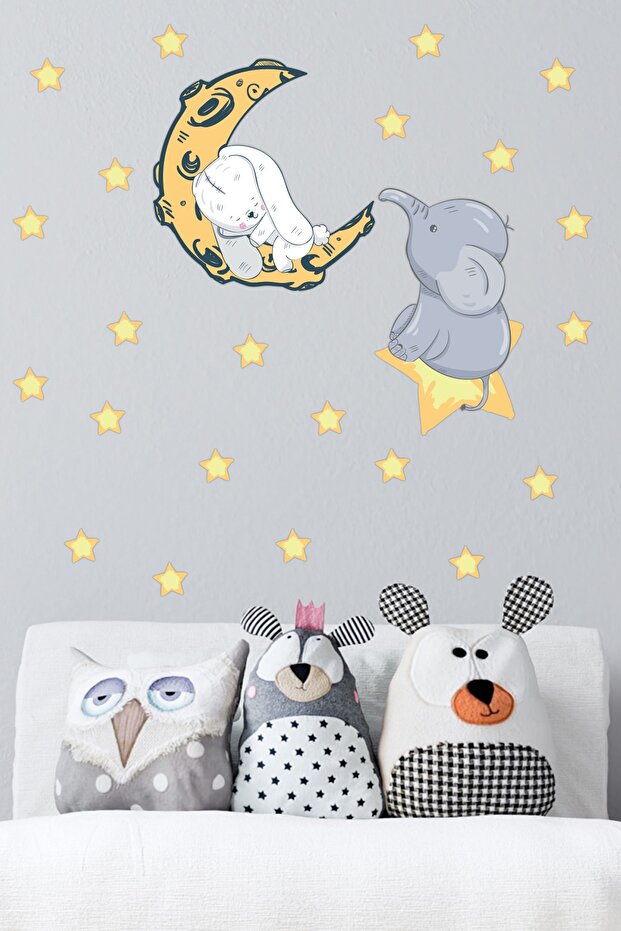 Rabbit Sleeping on the Moon and Elephant on the Stars and Yellow Stars Kids Room Wall Sticker