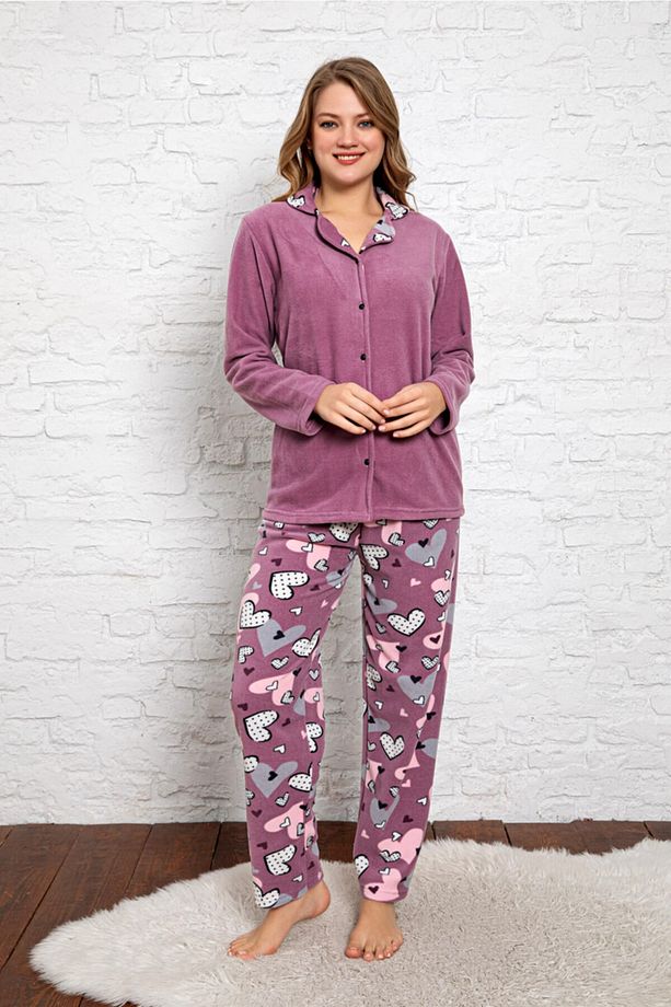 Bayan Kışlık Welsoft Peluş İnci Polar Düğmeli Yılbaşı  Pijama Takımı 'İpeksi Doku' - 1