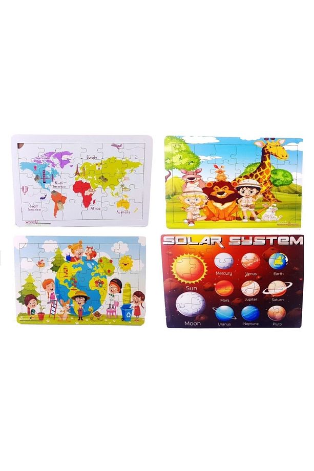 4 Adet Dünya Ve Çocuklar, Kızıl Gezenler,safari Hayvanları,harita Ahşap Puzzle Seti 30 Par - 1