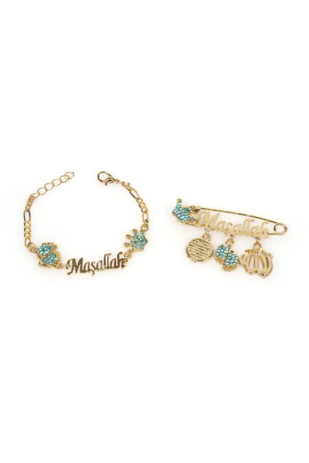 Blue Crystal Stone Baby Collar Pin and Bracelet Set with Mashallah Writing