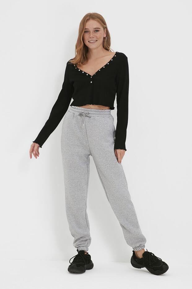 Gri Melanj Kalın İçi Polarlı Basic Örme Eşofman Altı Pantolon TWOAW22EA0468 - 3