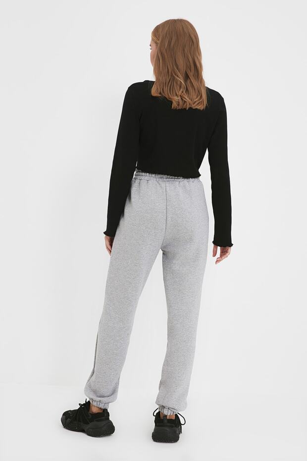 Gri Melanj Kalın İçi Polarlı Basic Örme Eşofman Altı Pantolon TWOAW22EA0468 - 6